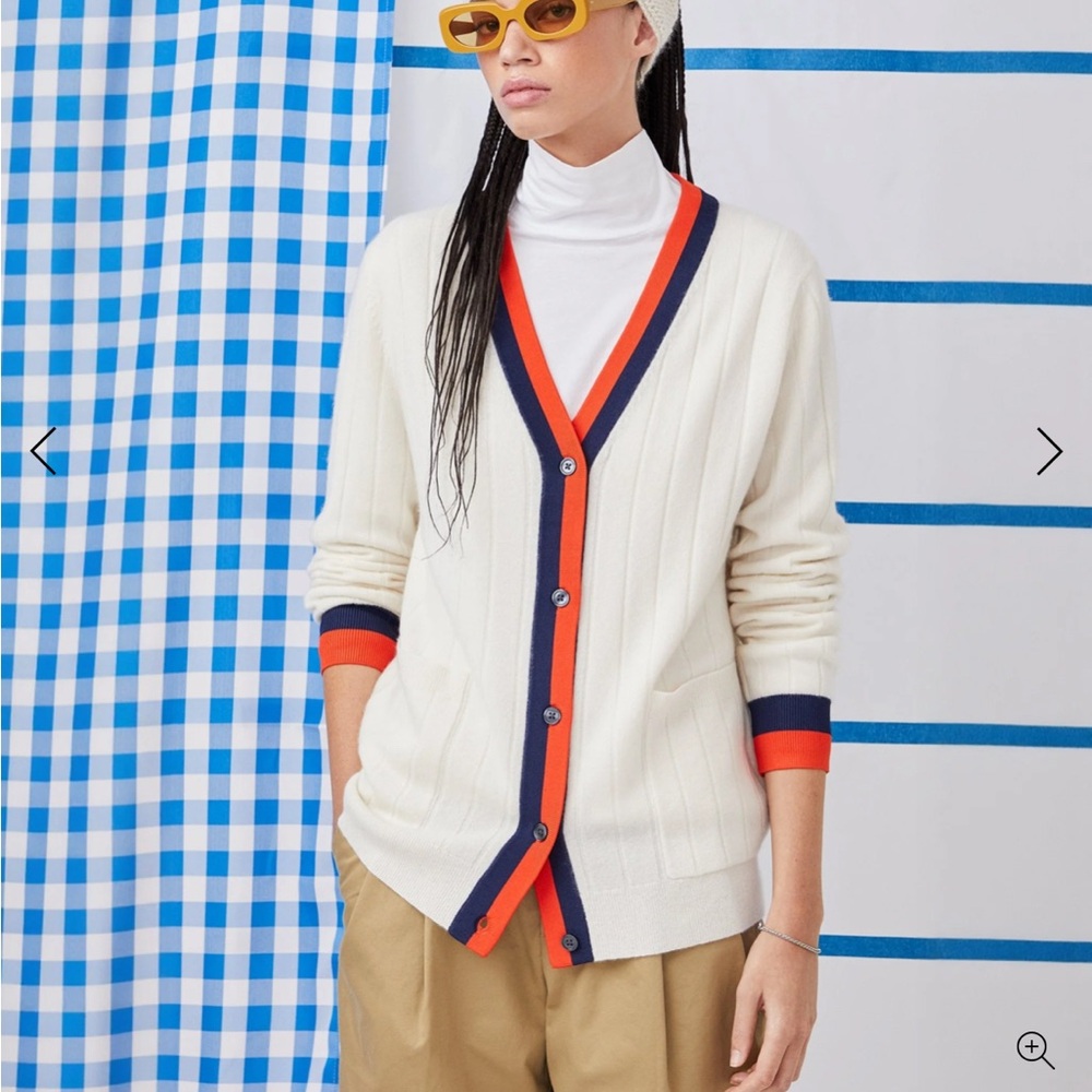 KULE Ivory Cardigan with Vibrant Orange and Deep Blue Accents